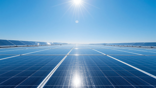 太阳能项目建设现场，工人正在安装光伏板，蓝天白云背景，体现项目规模与专业施工