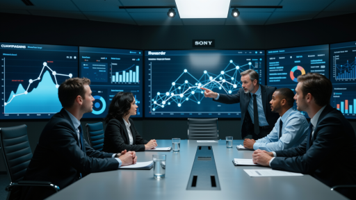 技术交流会议现场，多位技术人员围坐讨论，大屏幕显示技术图表，体现专业交流氛围