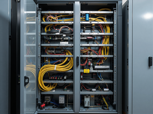 大型储能柜设备正面视图，银色金属外壳，LED指示灯显示运行状态，工业设计感强